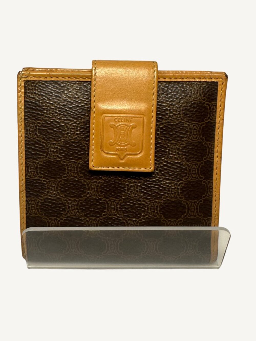 Authentic Celine Vintage Triomphe Canvas Snap Wallet Brown & Camel Leather Made